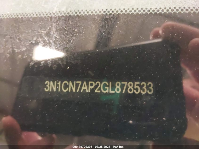 2016 Nissan Versa 1.6 S+ VIN: 3N1CN7AP2GL878533 Lot: 39726305