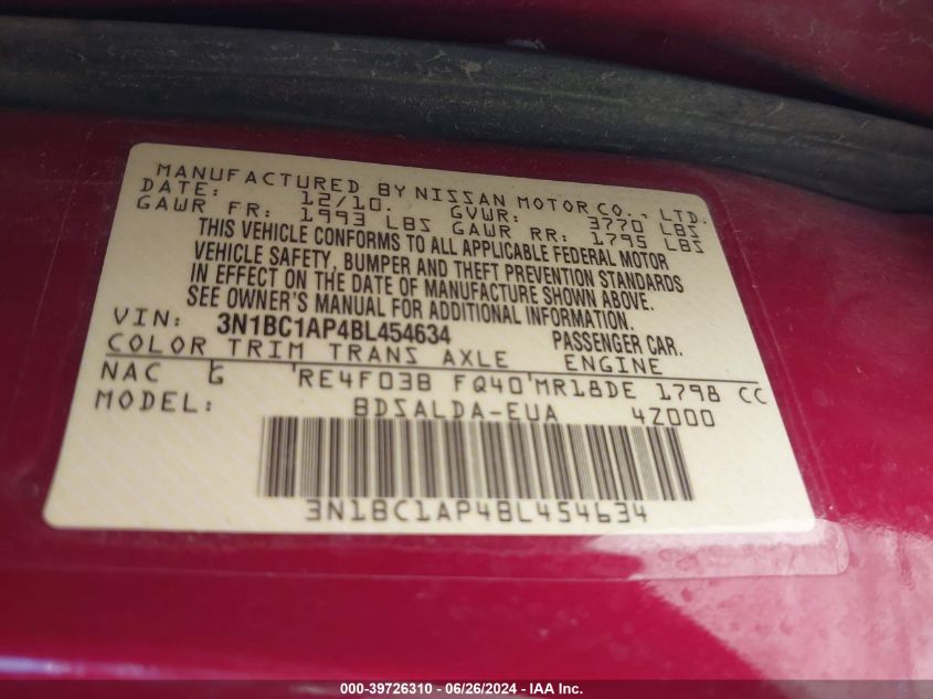 2011 Nissan Versa 1.8S VIN: 3N1BC1AP4BL454634 Lot: 39726310