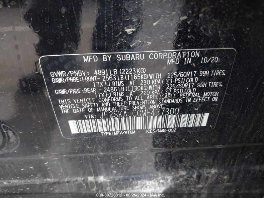 2021 Subaru Forester Premium VIN: JF2SKAJC0MH437300 Lot: 39726312