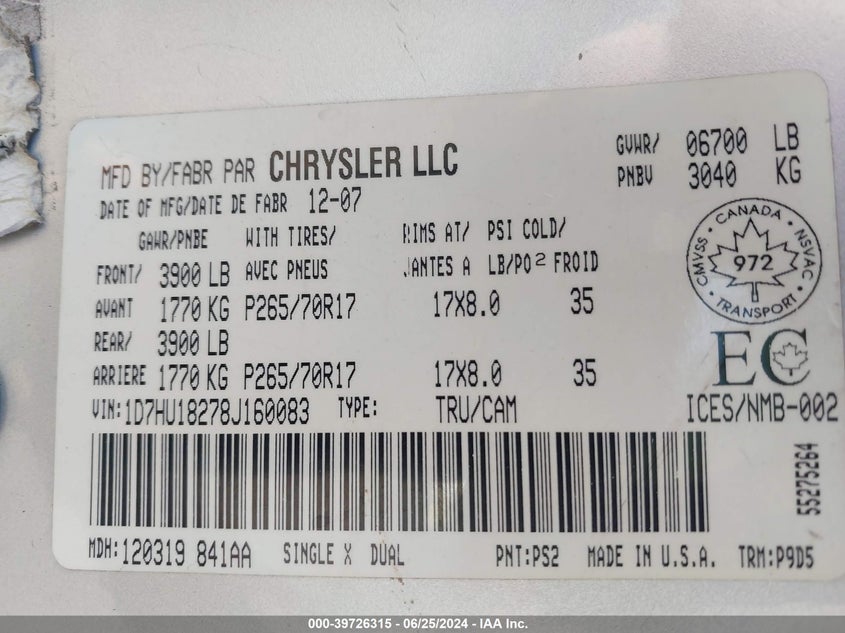 2008 Dodge Ram 1500 St/Slt VIN: 1D7HU18278J160083 Lot: 39726315