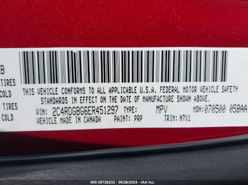 2014 Dodge Grand Caravan Se 30Th Anniversary VIN: 2C4RDGBG6ER451297 Lot: 39726332