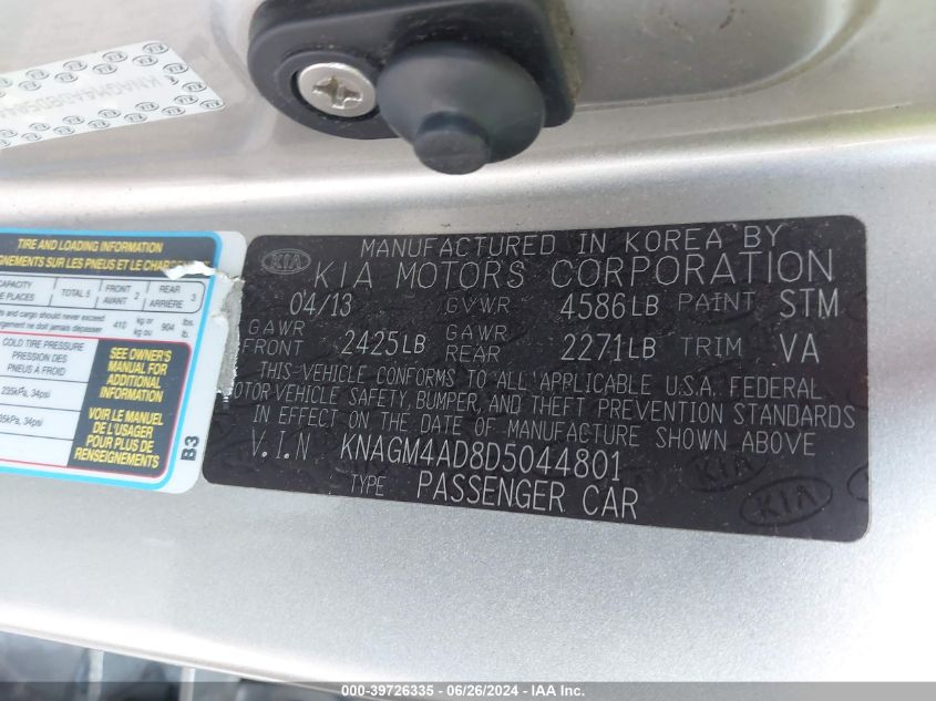 2013 Kia Optima Hybrid VIN: KNAGM4AD8D5044801 Lot: 39726335