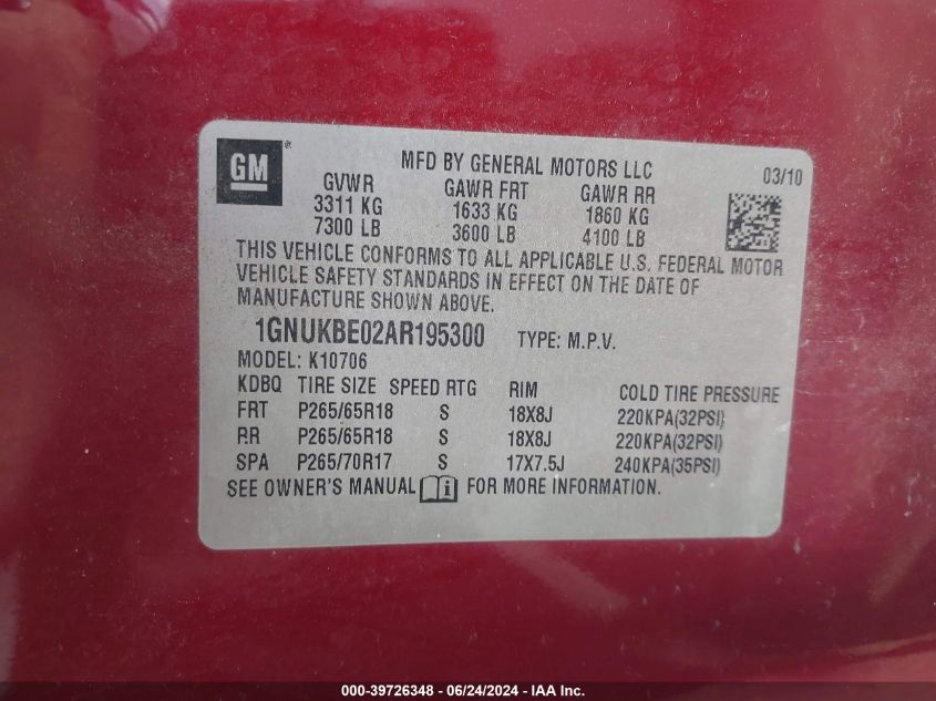 2010 Chevrolet Tahoe Lt VIN: 1GNUKBE02AR195300 Lot: 39726348