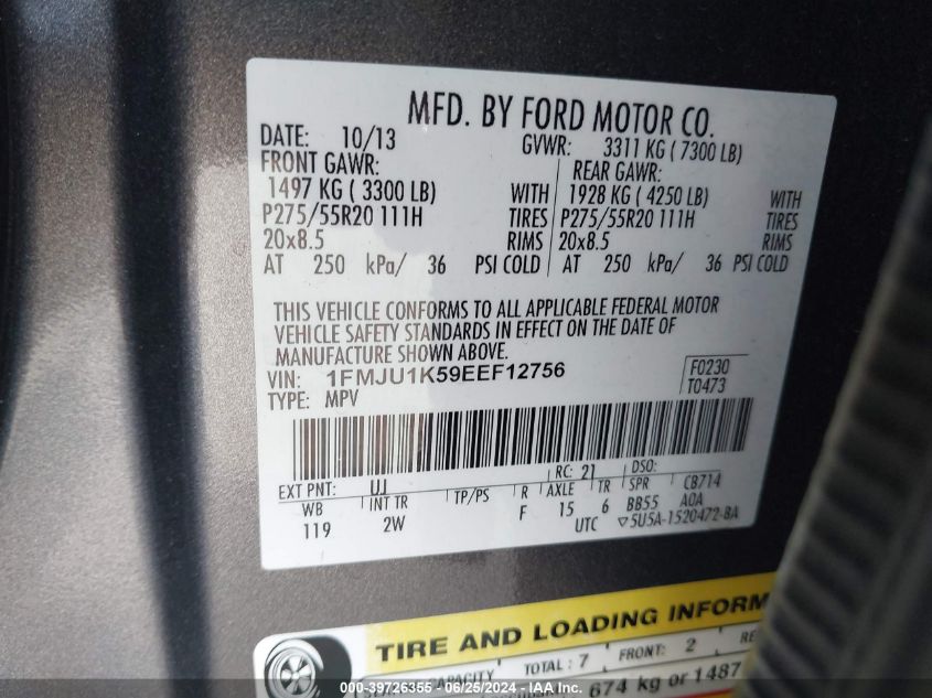 2014 Ford Expedition Limited VIN: 1FMJU1K59EEF12756 Lot: 39726355