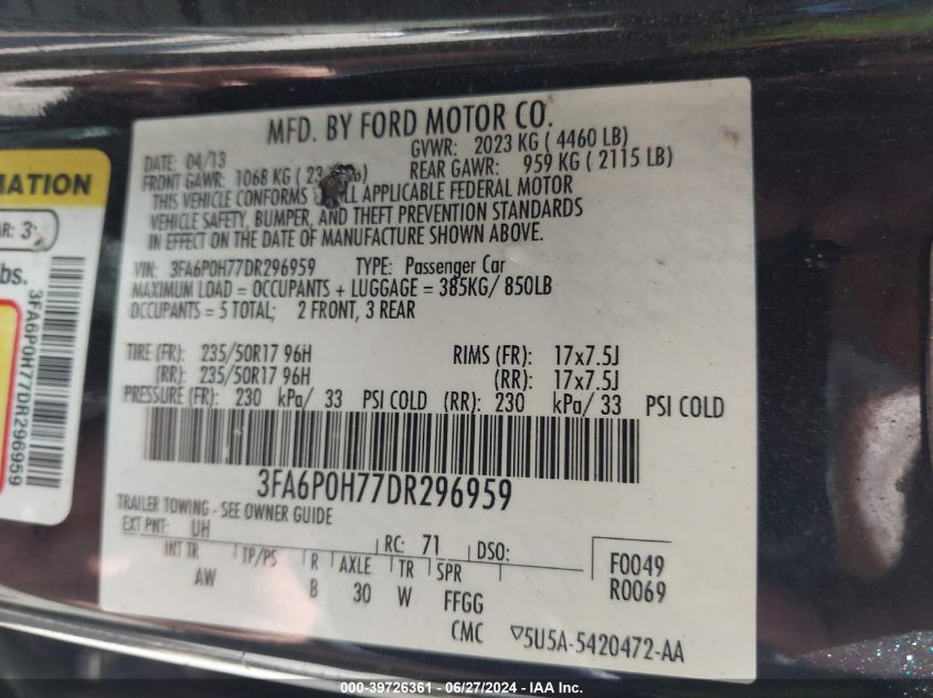 2013 FORD FUSION SE - 3FA6P0H77DR296959