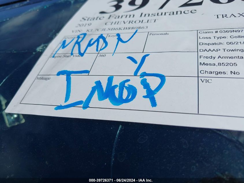 2019 Chevrolet Trax Lt VIN: KL7CJLSB6KB880863 Lot: 39726371