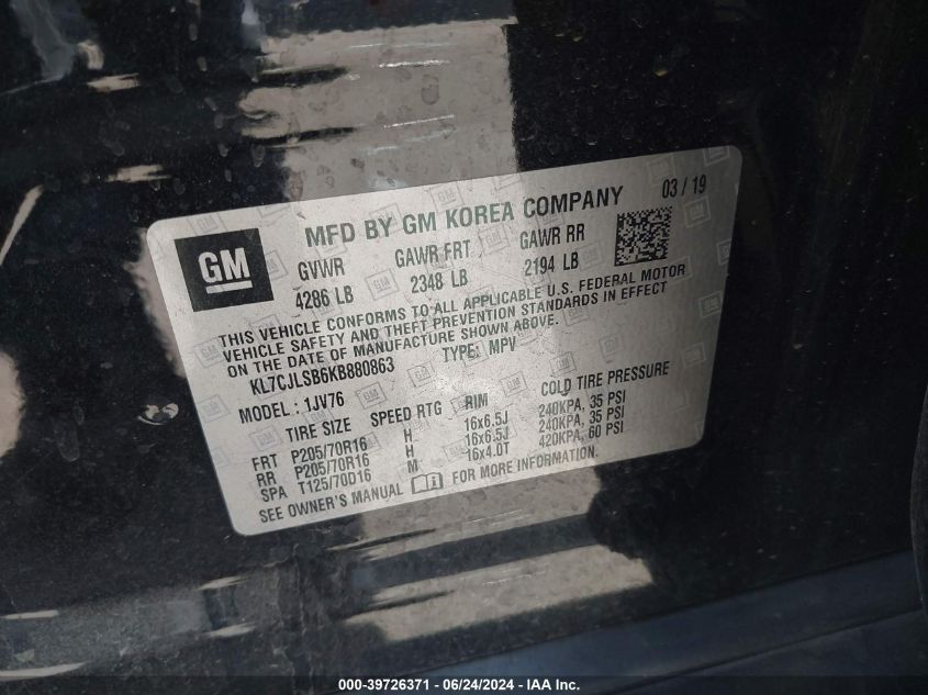 2019 Chevrolet Trax Lt VIN: KL7CJLSB6KB880863 Lot: 39726371