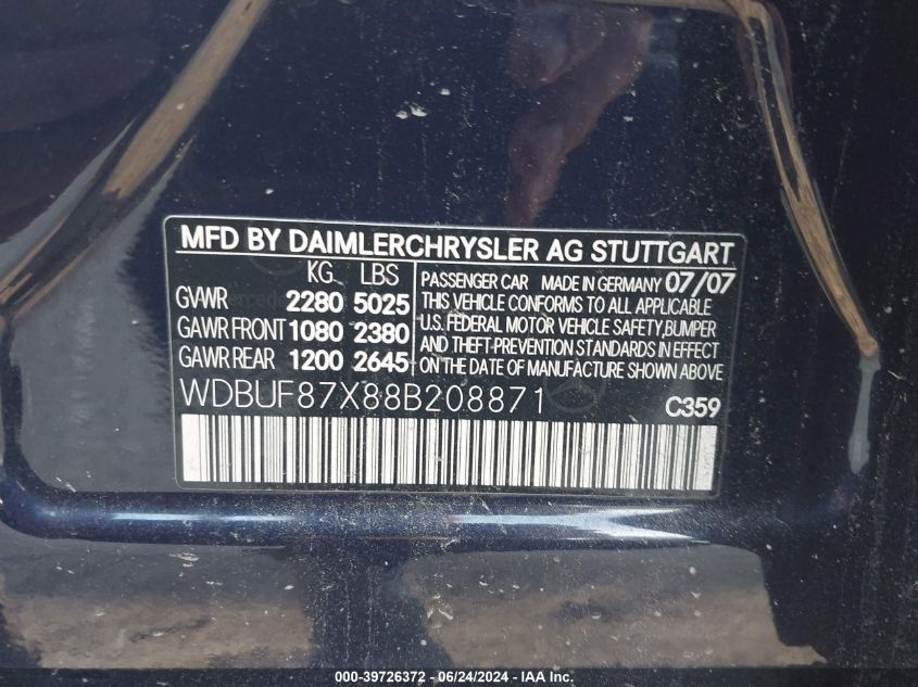 2008 Mercedes-Benz E 350 4Matic VIN: WDBUF87X88B208871 Lot: 39726372