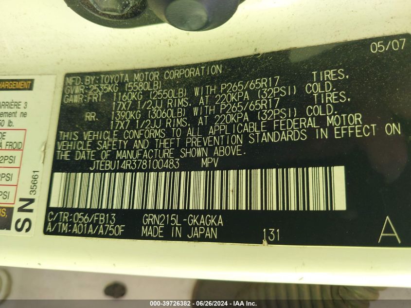 2007 Toyota 4Runner Sport V6 VIN: JTEBU14R378100483 Lot: 39726382