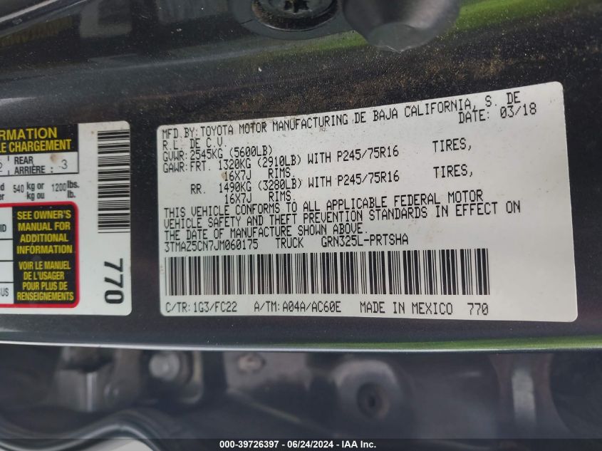 2018 Toyota Tacoma Sr5 V6 VIN: 3TMAZ5CN7JM060175 Lot: 39726397