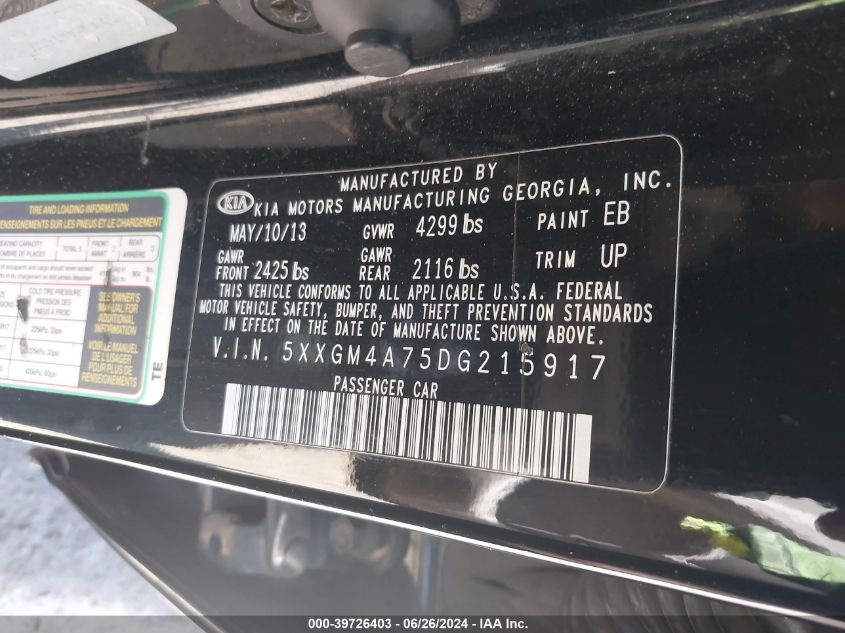 2013 Kia Optima Lx VIN: 5XXGM4A75DG215917 Lot: 39726403