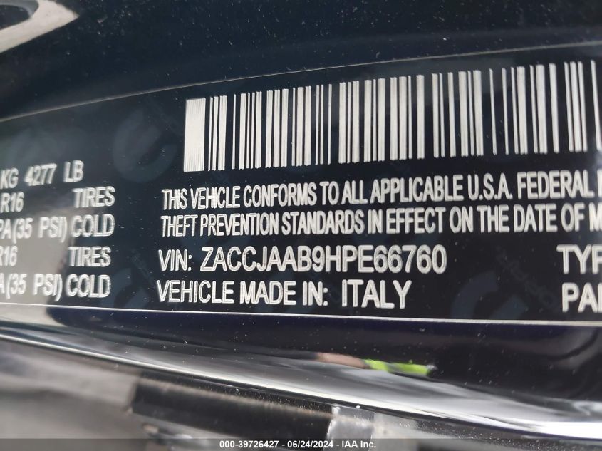 2017 Jeep Renegade Sport Fwd VIN: ZACCJAAB9HPE66760 Lot: 39726427