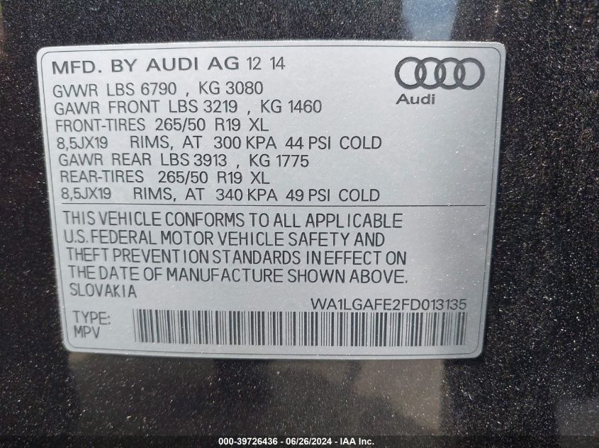 2015 Audi Q7 3.0T Premium VIN: WA1LGAFE2FD013135 Lot: 39726436