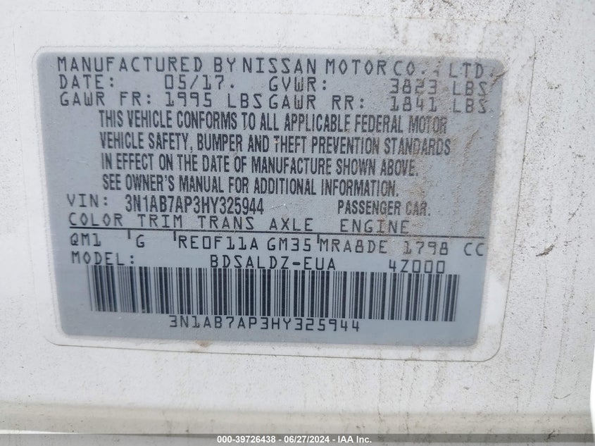 2017 Nissan Sentra Sv VIN: 3N1AB7AP3HY325944 Lot: 39726438