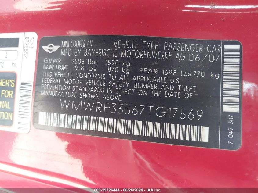 2007 Mini Cooper VIN: WMWRF33567TG17569 Lot: 39726444