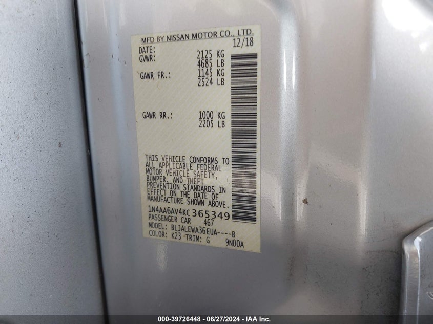 2019 NISSAN MAXIMA 3.5 SL - 1N4AA6AV4KC365349