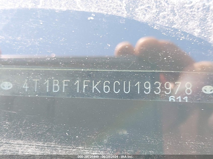 2012 Toyota Camry VIN: 41BFK14T1BF1FK6CU Lot: 39726449