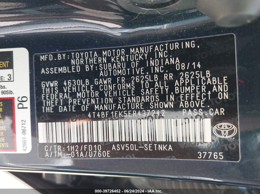 2014 Toyota Camry Le VIN: 4T4BF1FK5ER437242 Lot: 39726452