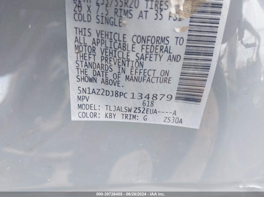 2023 Nissan Murano Platinum VIN: 5N1AZ2DJ8PC134879 Lot: 39726455