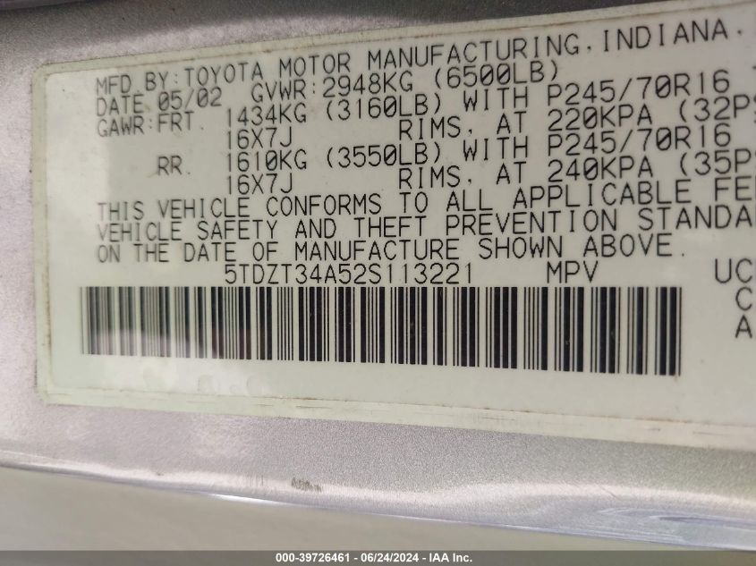 2002 Toyota Sequoia Sr5 V8 VIN: 5TDZT34A52S113221 Lot: 39726461