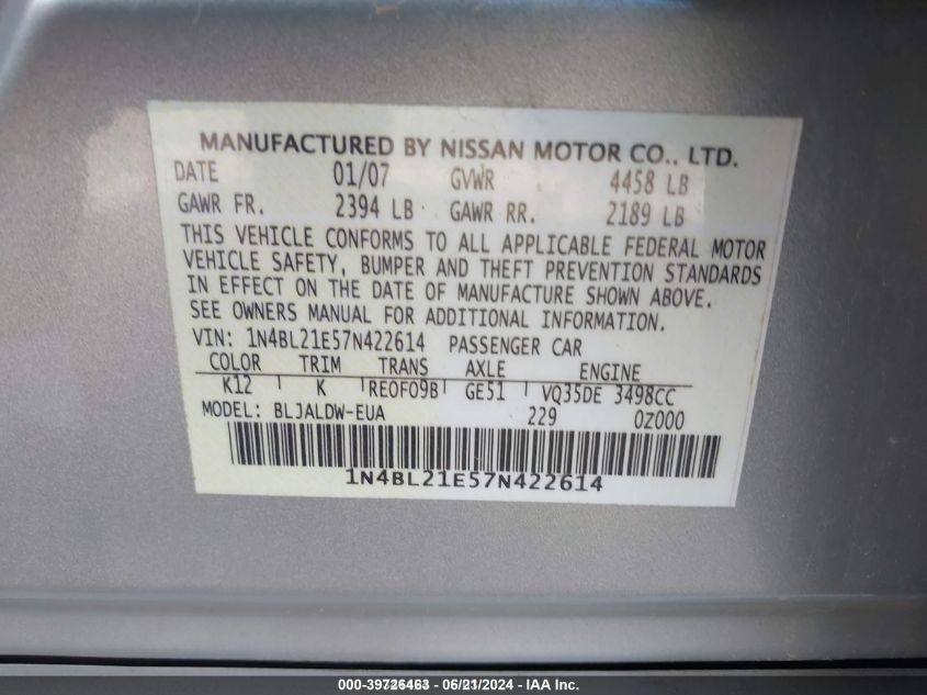 1N4BL21E57N422614 2007 Nissan Altima 3.5 Se