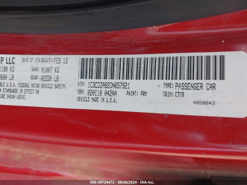 2013 Dodge Avenger Se VIN: 1C3CDZAB2DN657921 Lot: 39726472