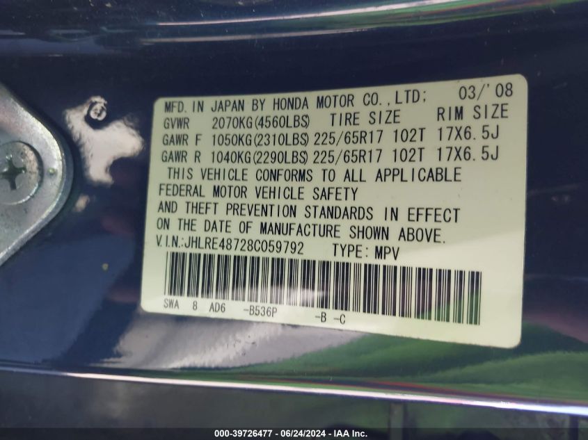 2008 Honda Cr-V Ex-L VIN: JHLRE48728C059792 Lot: 39726477
