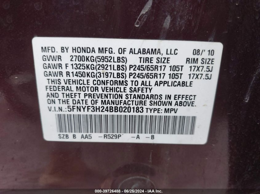 2011 Honda Pilot Lx VIN: 5FNYF3H24BB020183 Lot: 39726488