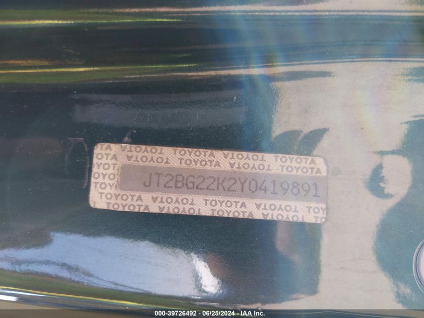 2000 Toyota Camry Le VIN: JT2BG22K2Y0419891 Lot: 39726492
