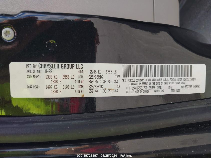 2010 Chrysler Town & Country Touring VIN: 2A4RR5D17AR129805 Lot: 39726497