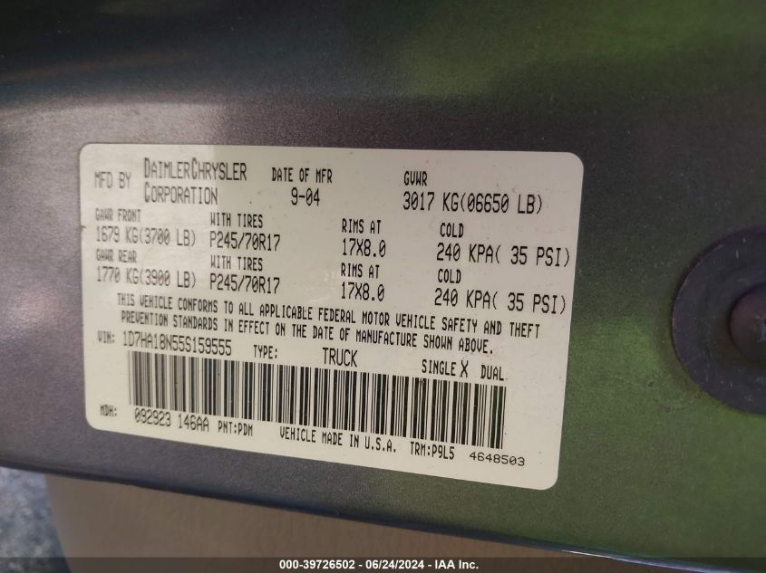 2005 Dodge Ram 1500 St VIN: 1D7HA18N55S159555 Lot: 39726502