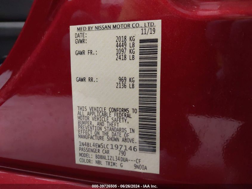 2020 Nissan Altima Sl Intelligent Awd VIN: 1N4BL4EW5LC197146 Lot: 39726505