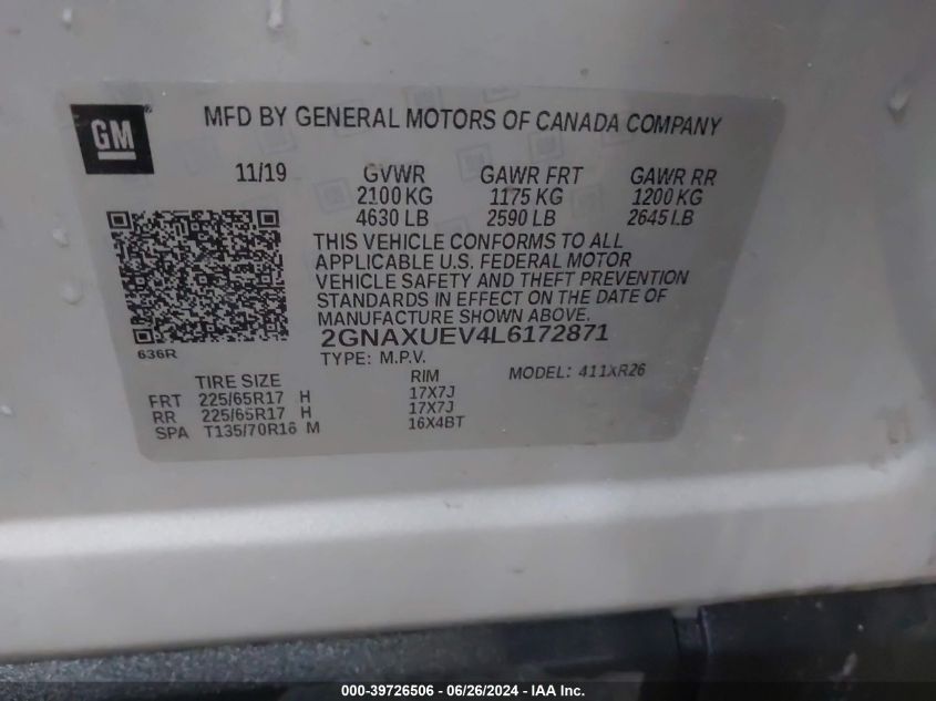 2020 Chevrolet Equinox Awd Lt 1.5L Turbo VIN: 2GNAXUEV4L6172871 Lot: 39726506