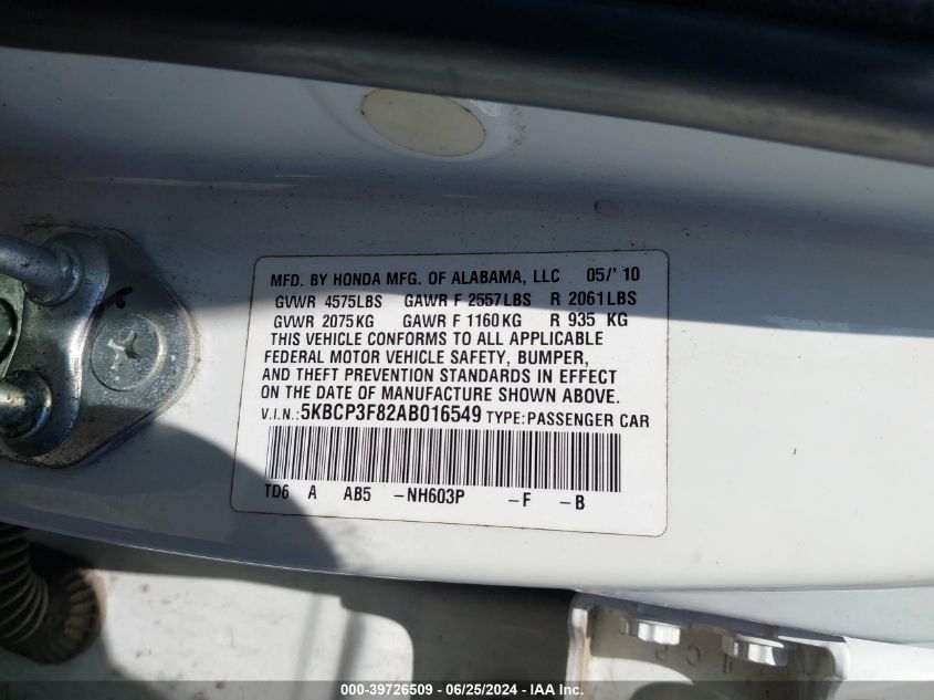 2010 Honda Accord 3.5 Ex-L VIN: 5KBCP3F82AB016549 Lot: 39726509