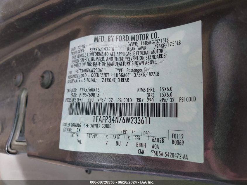 2006 Ford Focus Zx4 VIN: 1FAFP34N76W233611 Lot: 39726536