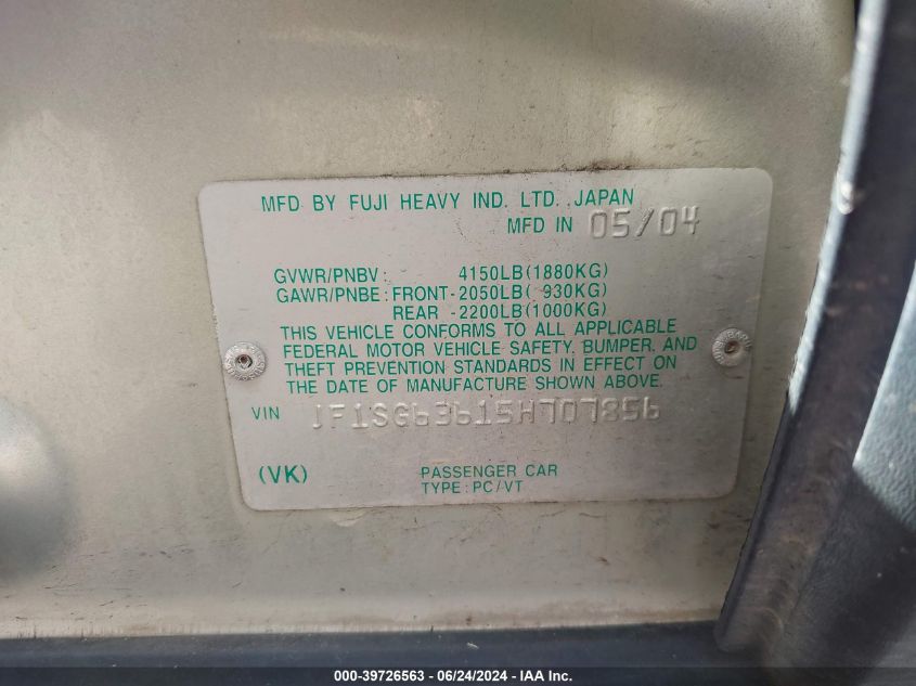 2005 Subaru Forester 2.5X VIN: JF1SG63615H707856 Lot: 39726563