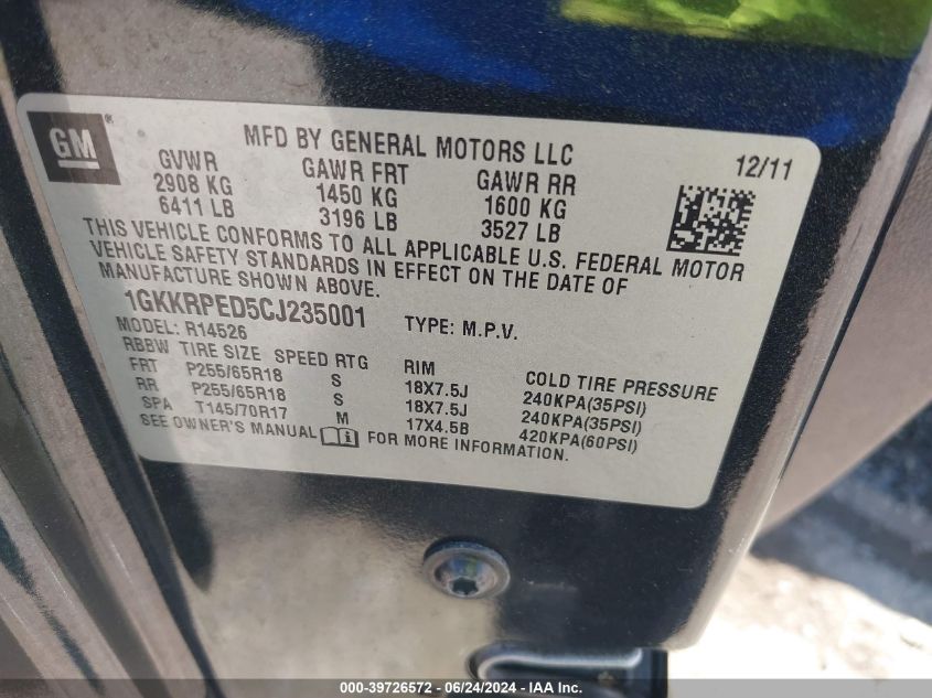 2012 GMC Acadia Sle VIN: 1GKKRPED5CJ235001 Lot: 39726572