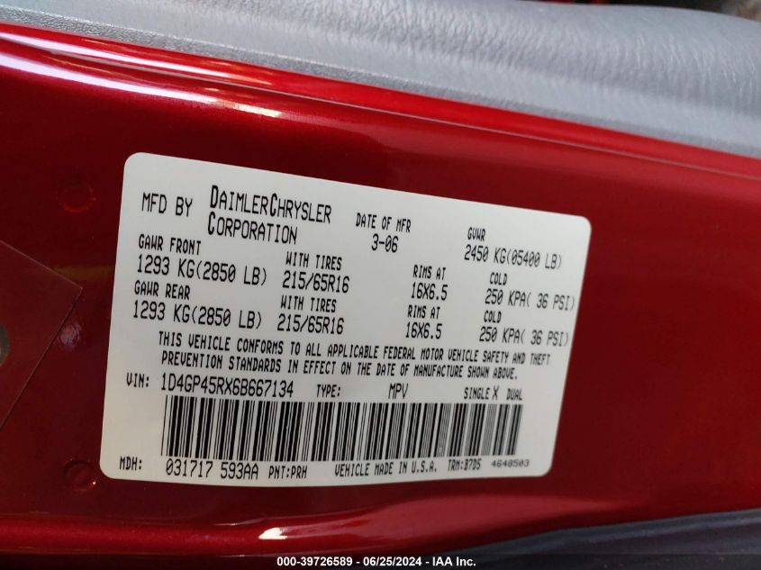 2006 Dodge Caravan Sxt VIN: 1D4GP45RX6B667134 Lot: 39726589