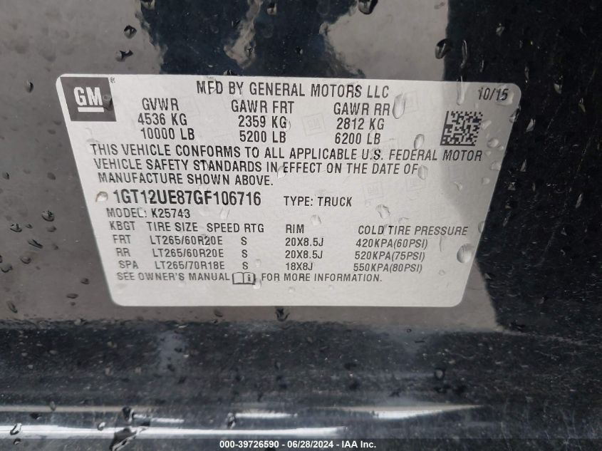 2016 GMC Sierra 2500Hd Denali VIN: 1GT12UE87GF106716 Lot: 39726590