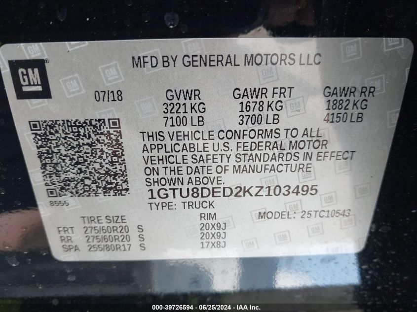 2019 GMC Sierra C1500 Slt VIN: 1GTU8DED2KZ103495 Lot: 39726594