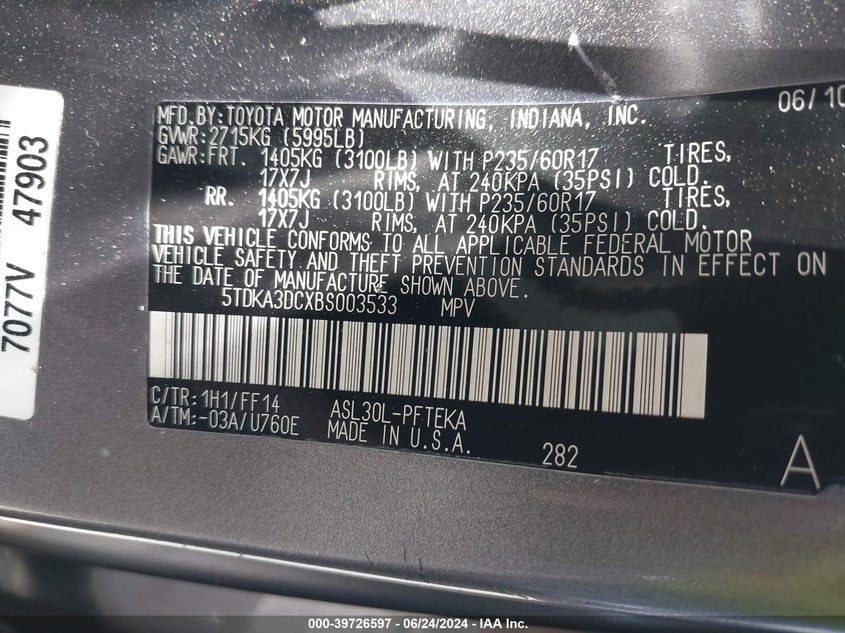 2011 Toyota Sienna VIN: 5TDKA3DCXBS003533 Lot: 39726597