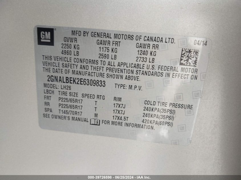2014 Chevrolet Equinox Lt VIN: 2GNALBEK2E6309833 Lot: 39726598