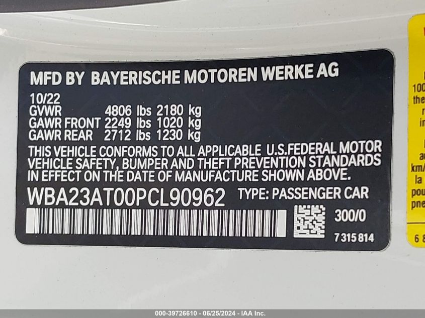 2023 BMW 430I VIN: WBA23AT00PCL90962 Lot: 39726610