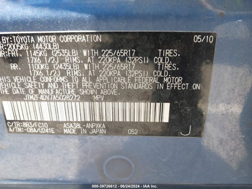 2010 Toyota Rav4 VIN: JTMZF4DV7A5028272 Lot: 39726612