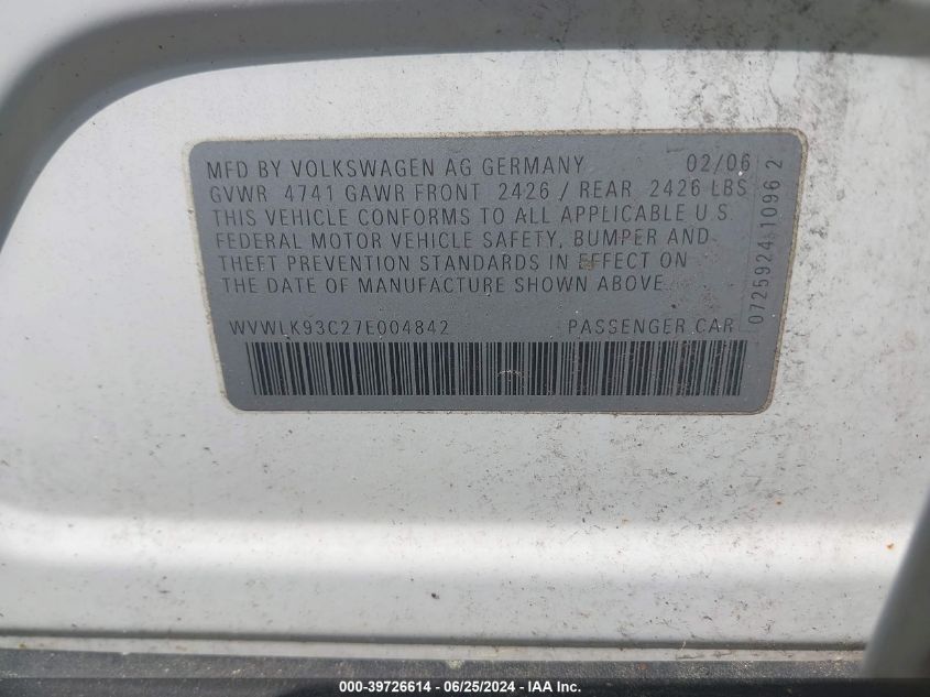 2007 Volkswagen Passat 2.0T VIN: WVWLK93C27E004842 Lot: 39726614