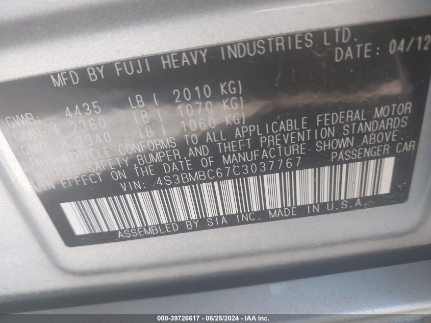 2012 Subaru Legacy 2.5I Premium VIN: 4S3BMBC67C3037767 Lot: 39726617