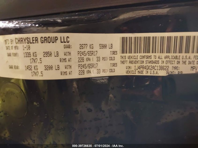 2010 Jeep Grand Cherokee Laredo VIN: 1J4PR4GK2AC138622 Lot: 39726635