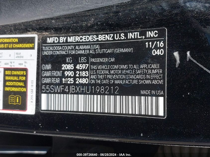 2017 Mercedes-Benz C 300 VIN: 55SWF4JBXHU198212 Lot: 39726640