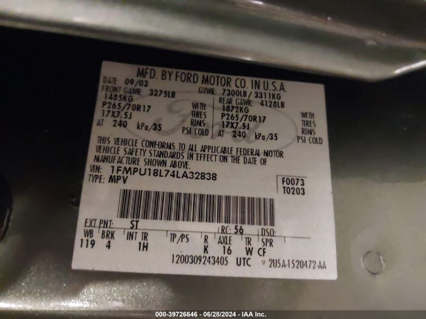 2004 Ford Expedition Eddie Bauer VIN: 1FMPU18L74LA32838 Lot: 39726646