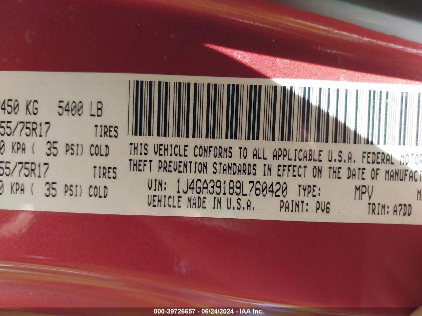 2009 Jeep Wrangler Unlimited X VIN: 1J4GA39189L760420 Lot: 39726657